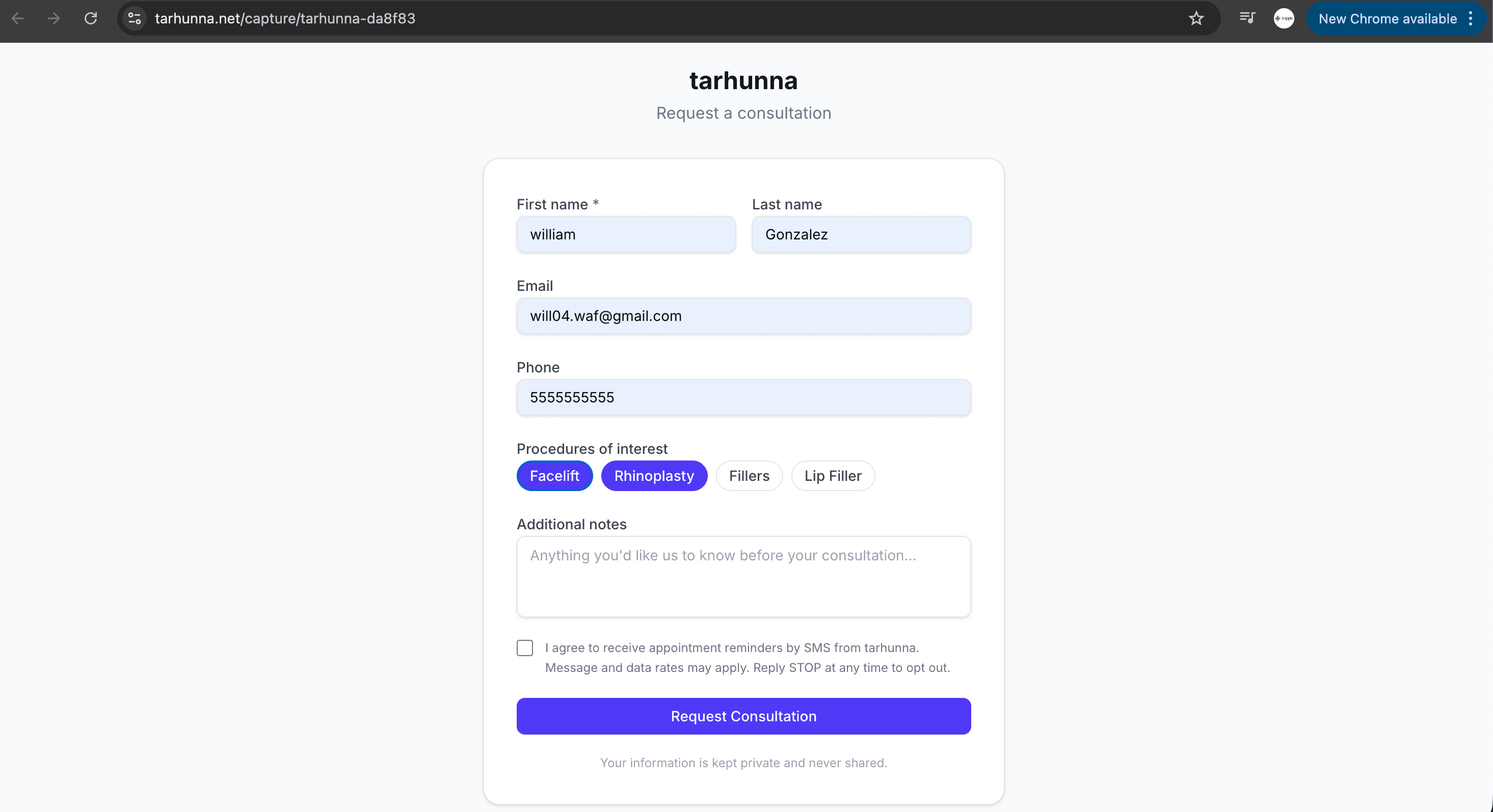 Tarhunna intake form showing the optional SMS consent checkbox unchecked, with full label text and Request Consultation submit button.